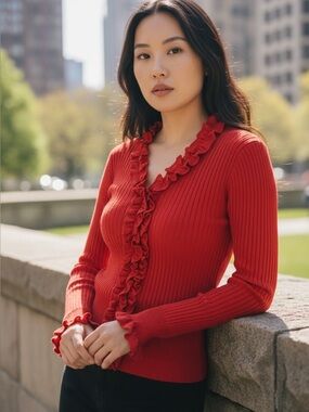 ANNE FONTAINE Red Ruffle (40/M) Cardigan Sweater Knit Wool Paris Fitted EU40/USM